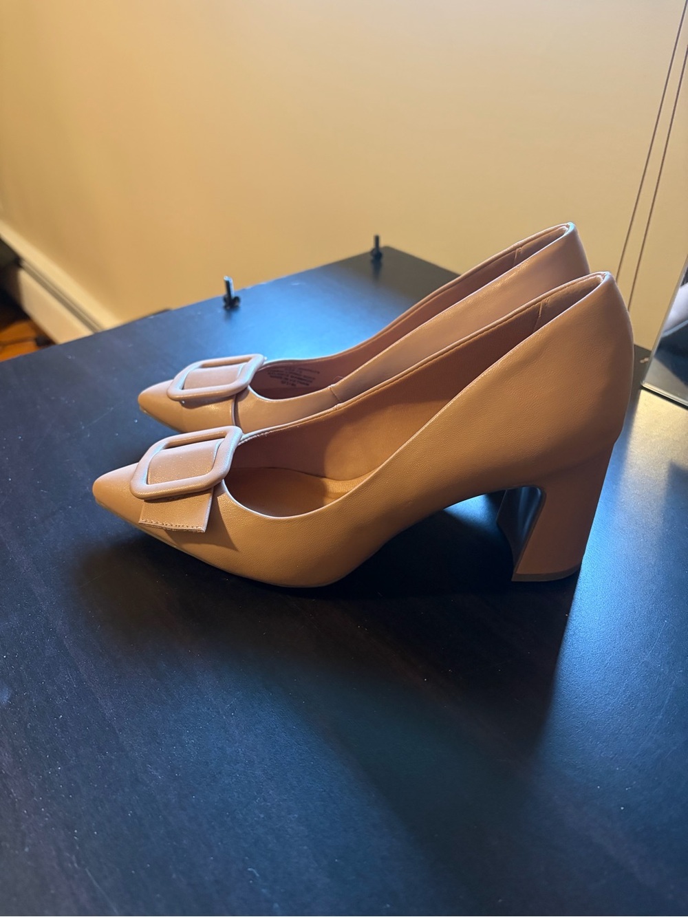 Anne Klein Neutral Tan Pointed Toe Buckle Block Heels